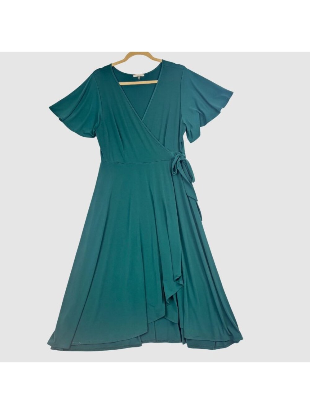 Maitai XL Dark Green Wrap Midi Dress With Flutter Sleeves & Adjustable Waist Tie